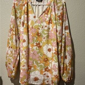Warm Autumn Fall Cozy Flowy Floral V-Neck Blouse - Pink, Orange, Green